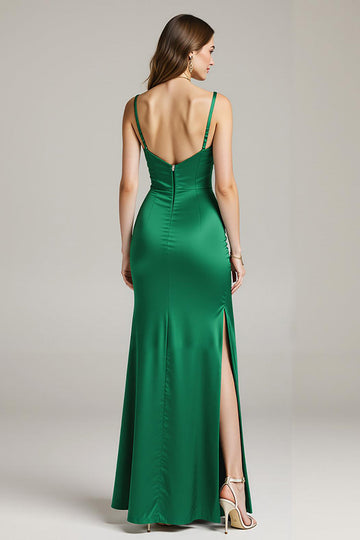 Green Satin Mermaid Spaghetti Straps Long Formal Dress